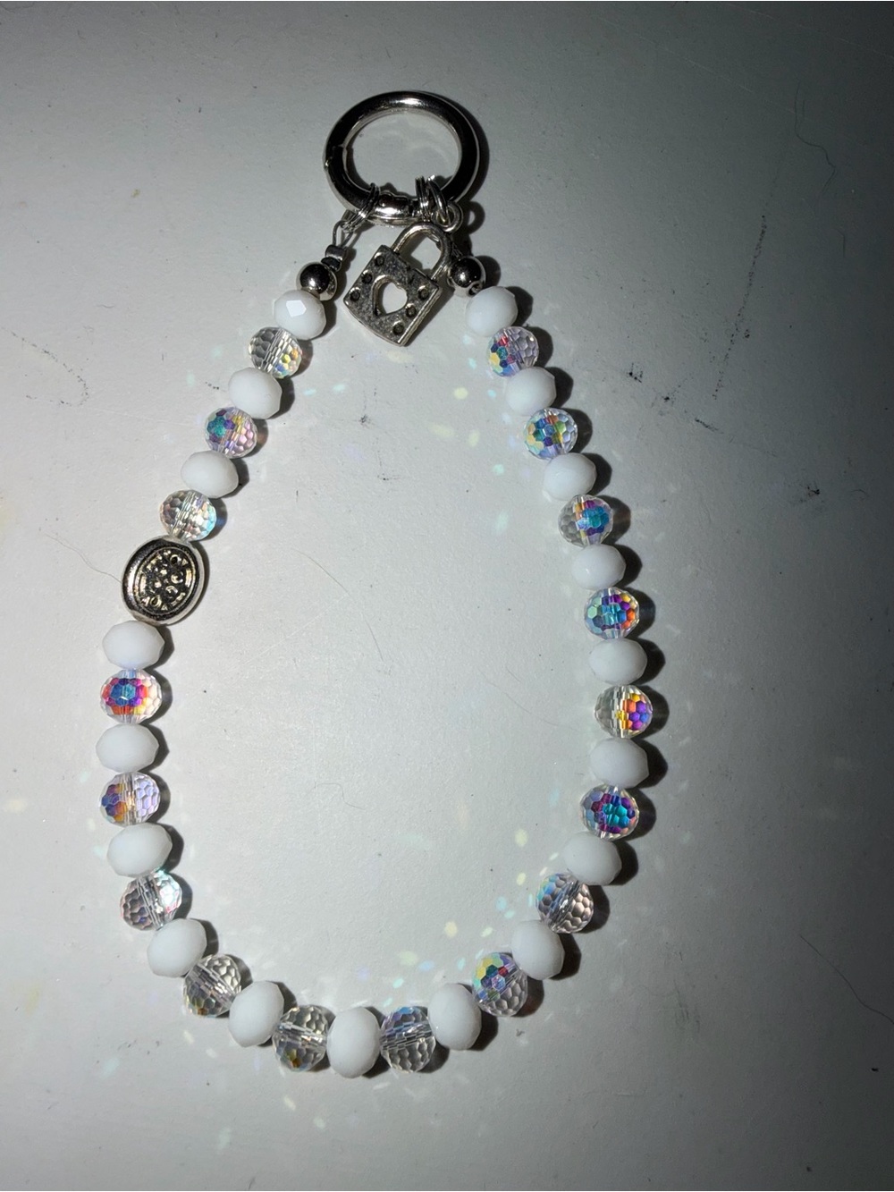 White & Iridescent Beaded Bracelet Keyring with Silver Lock Charm